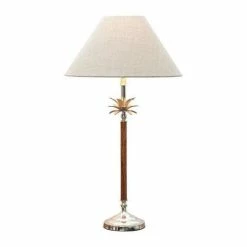 OneWorld - Palm Lamp Nickel/Wood With Natural Linen Shade