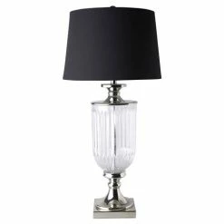 OneWorld - Bellevue Glass Nickel Lamp W/Black Linen Shade
